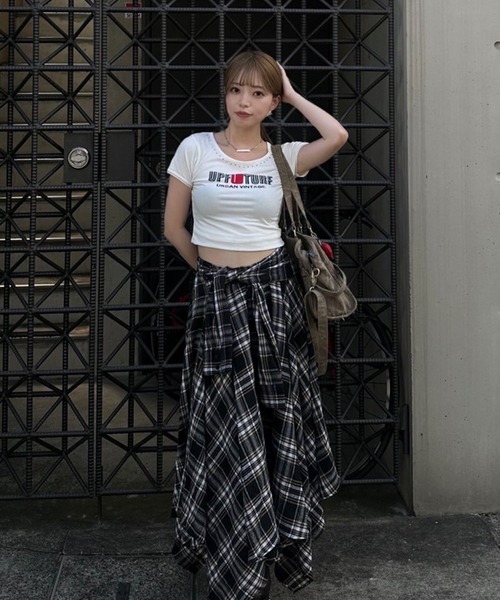 aclent アシンメトリー チェック ロングスカート シャツ アシンメトリーチェックロングスカート（スカート）｜ACLENT