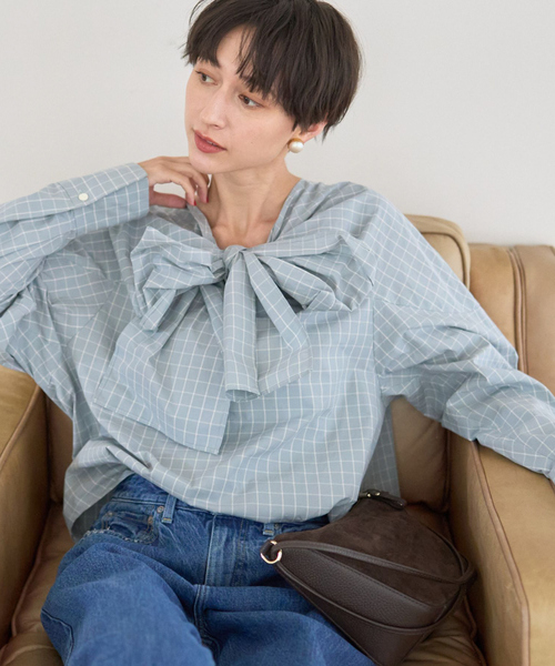 Rouge vif(ルージュヴィフ)の「コットンチェックリボンブラウス(シャツ/ブラウス・レディース・グリーン系その他/ホワイト系その他・フリー)」の2枚目の写真