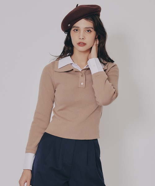 REDYAZEL（レディアゼル）の「ダブルカラーポロニットトップス（ニット/セーター・レディース・ブラウン/レッド/ベージュ/ブラック/ボルドー/ライトグレー・FREE）」の4枚目の写真