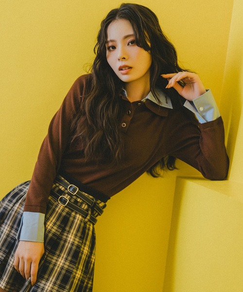 REDYAZEL（レディアゼル）の「ダブルカラーポロニットトップス（ニット/セーター・レディース・ブラウン/レッド/ベージュ/ブラック/ボルドー/ライトグレー・FREE）」の3枚目の写真