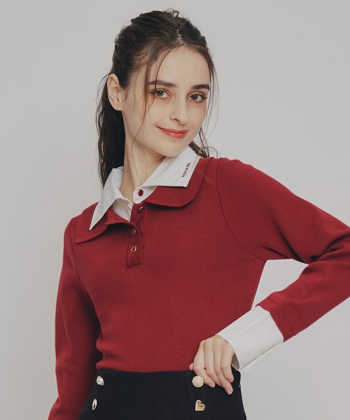 REDYAZEL（レディアゼル）の「ダブルカラーポロニットトップス（ニット/セーター・レディース・ブラウン/レッド/ベージュ/ブラック/ボルドー/ライトグレー・FREE）」の6枚目の写真