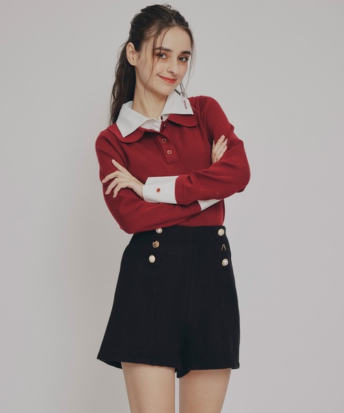 REDYAZEL（レディアゼル）の「ダブルカラーポロニットトップス（ニット/セーター・レディース・ブラウン/レッド/ベージュ/ブラック/ボルドー/ライトグレー・FREE）」の15枚目の写真