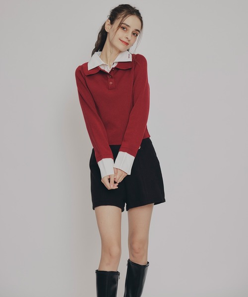 REDYAZEL（レディアゼル）の「ダブルカラーポロニットトップス（ニット/セーター・レディース・ブラウン/レッド/ベージュ/ブラック/ボルドー/ライトグレー・FREE）」の16枚目の写真