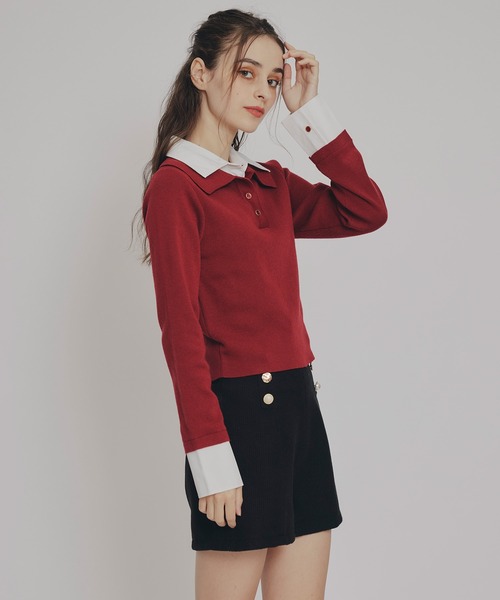 REDYAZEL（レディアゼル）の「ダブルカラーポロニットトップス（ニット/セーター・レディース・ブラウン/レッド/ベージュ/ブラック/ボルドー/ライトグレー・FREE）」の17枚目の写真