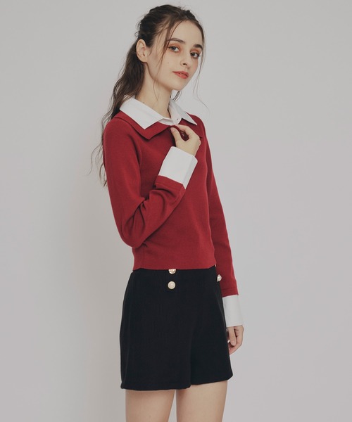 REDYAZEL（レディアゼル）の「ダブルカラーポロニットトップス（ニット/セーター・レディース・ブラウン/レッド/ベージュ/ブラック/ボルドー/ライトグレー・FREE）」の18枚目の写真