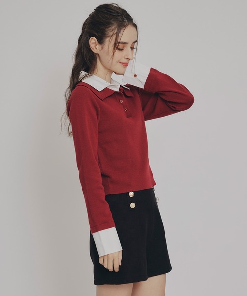 REDYAZEL（レディアゼル）の「ダブルカラーポロニットトップス（ニット/セーター・レディース・ブラウン/レッド/ベージュ/ブラック/ボルドー/ライトグレー・FREE）」の21枚目の写真