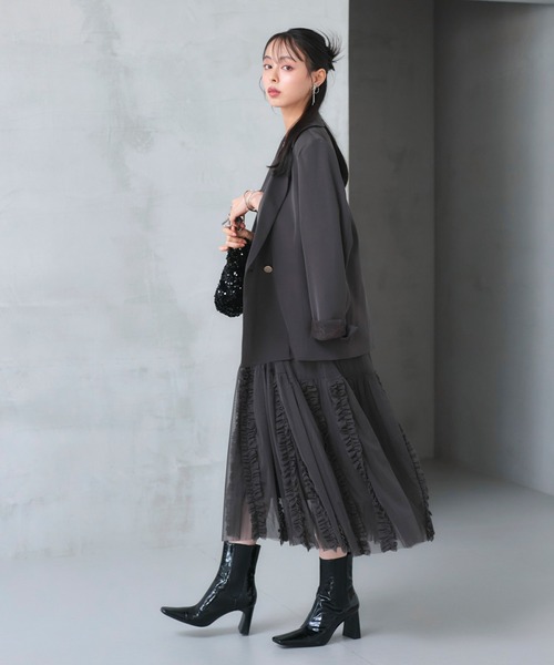 RUIRUE BOUTIQUE(ルイルエブティック)の「オケージョンドレス 結婚式 ストレッチ | ジャケット & チュール フリル ワンピース セット | 二次会 披露宴 美脚 ワンピース オケージョン お呼ばれ パーティードレス(ドレス・レディース・ブラック/ブルーグレー/チャコール・S/M/L/LL)」の9枚目の写真