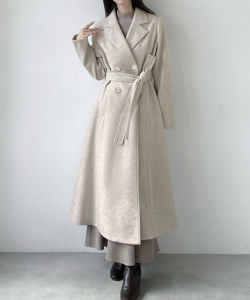 【美品】クレージュ ロングコート ベージュ （S） ダブルボタン ウール 無地 セール】ダブルボタンフレアロングチェスターコート（チェスターコート