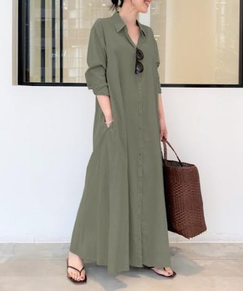 cammie(キャミー)の「Aラインロングシャツワンピース(ワンピース・レディース・ブラック/カーキ/ブラウン・L/M)」の3枚目の写真