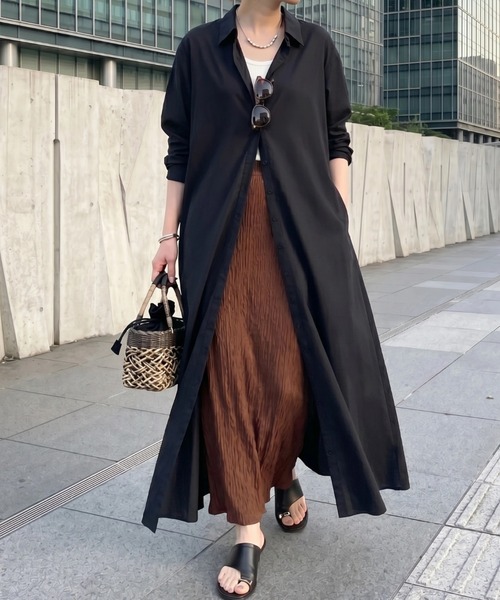 cammie(キャミー)の「Aラインロングシャツワンピース(ワンピース・レディース・ブラック/カーキ/ブラウン・L/M)」の1枚目の写真