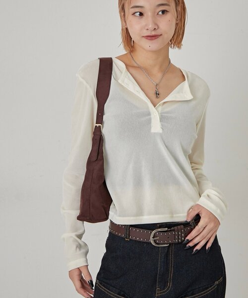 WHO'S WHO gallery(フーズフーギャラリー)の「フロッキーメッシュ ヘンリートップス(Tシャツ/カットソー・レディース・ブラック/オフホワイト/チャコールグレー/ダークブラウン・FREE)」の5枚目の写真