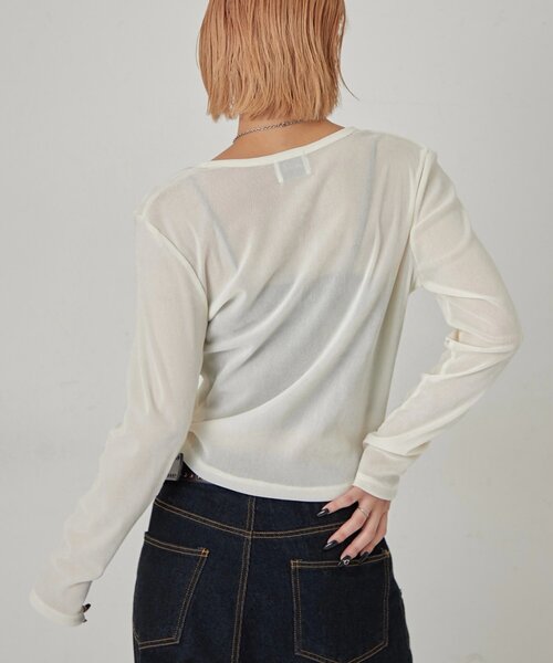 WHO'S WHO gallery(フーズフーギャラリー)の「フロッキーメッシュ ヘンリートップス(Tシャツ/カットソー・レディース・ブラック/オフホワイト/チャコールグレー/ダークブラウン・FREE)」の7枚目の写真