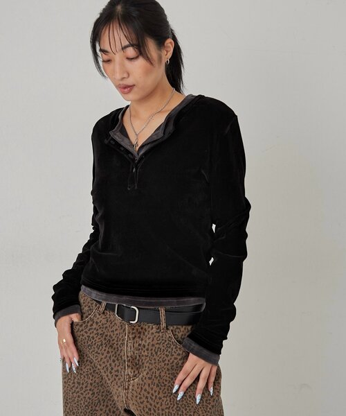 WHO'S WHO gallery(フーズフーギャラリー)の「フロッキーメッシュ ヘンリートップス(Tシャツ/カットソー・レディース・ブラック/オフホワイト/チャコールグレー/ダークブラウン・FREE)」の15枚目の写真