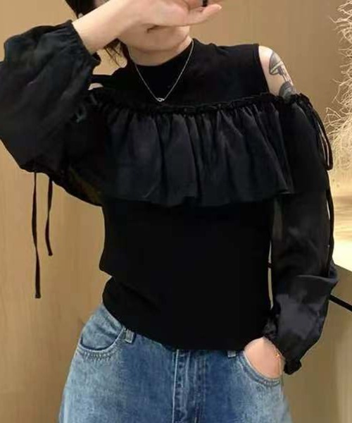 Lace Ladies(レースレディース)の「オープンショルダー リブ ハイネック フリル トップス(Tシャツ/カットソー・レディース・アイボリー/ブラック・FREE)」の5枚目の写真