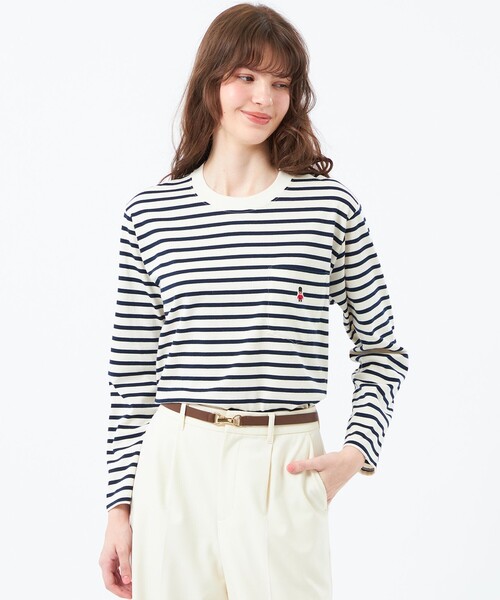 MACKINTOSH PHILOSOPHY（ﾏｯｷﾝﾄｯｼｭ ﾌｨﾛｿﾌｨｰ）の「バッキンガムベア ボーダーポケットロンT（Tシャツ/カットソー・レディース・オフホワイト/ライトブルー/ダークネイビー/ピンク系その他3・38）」の2枚目の写真