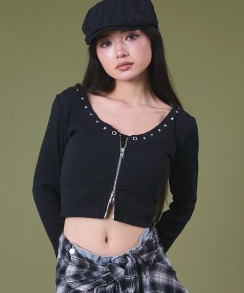 dispark（ディスパーク）の「DISPARK/ネックラインスタッズZIPトップ（Tシャツ/カットソー・レディース・ブラウン/ブラック・FREE）」の2枚目の写真