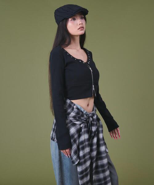 dispark（ディスパーク）の「DISPARK/ネックラインスタッズZIPトップ（Tシャツ/カットソー・レディース・ブラウン/ブラック・FREE）」の9枚目の写真