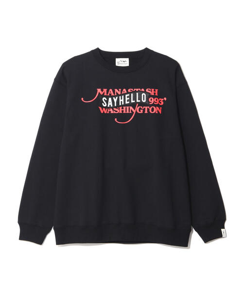 MANASTASH(マナスタッシュ)の「MANASTASH/マナスタッシュ SAYHELLO SWEATSHIRTS クルースウェット(スウェット・メンズ・グレー/ブラック・L/M/XL)」の1枚目の写真