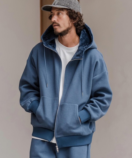 CAMBIO(カンビオ)の「mpa3980-Back Shaggy Boa Bonding Waffle Zip Up Parka ジップアップパーカー(A57425cmb)(パーカー・メンズ・ブラック/ミックスグレー/オフホワイト/ブルー・S/M/L)」の4枚目の写真