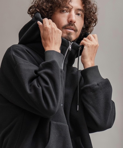 CAMBIO(カンビオ)の「mpa3980-Back Shaggy Boa Bonding Waffle Zip Up Parka ジップアップパーカー(A57425cmb)(パーカー・メンズ・ブラック/ミックスグレー/オフホワイト/ブルー・S/M/L)」の2枚目の写真