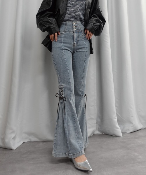 Lots of Love（ロッツオブラブ）の「ハイウエストレースアップフレアパンツ（デニムパンツ・レディース・ブルー/ライトブルー/ブラック・M/L）」の12枚目の写真