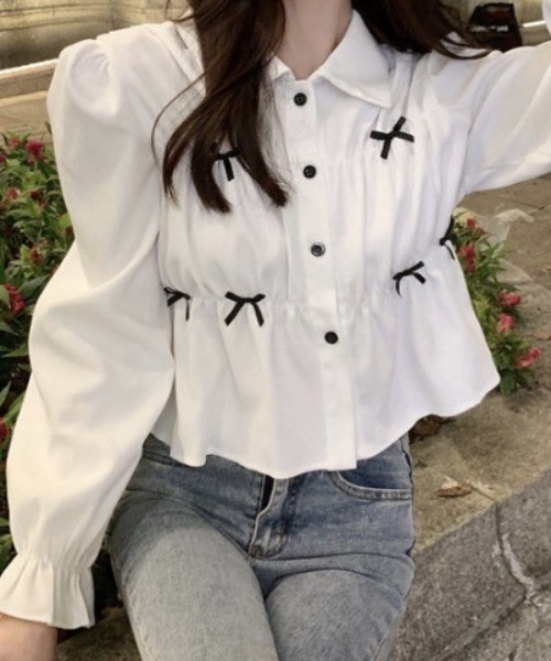 セール】【2026春夏新作】ポイントリボンパフスリーブブラウス（シャツ