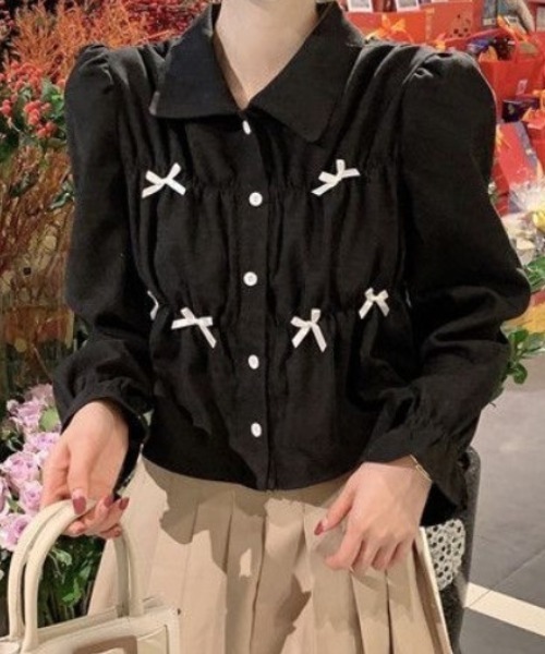 セール】【2026春夏新作】ポイントリボンパフスリーブブラウス（シャツ