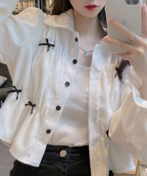 セール】【2026春夏新作】ポイントリボンパフスリーブブラウス（シャツ