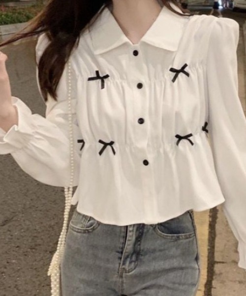 セール】【2026春夏新作】ポイントリボンパフスリーブブラウス（シャツ