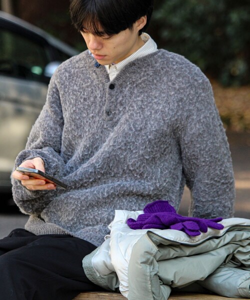 モヘアタッチ/ユニセックス対応】ヘンリーネックプルオーバーニット