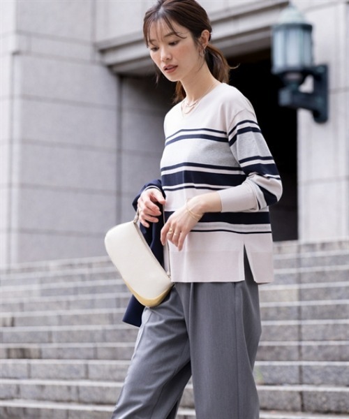 7days Life Styling(セブンデイズライフスタイリング)の「【UVカット】マルチボーダーVネックニット (洗濯機OK)(ニット/セーター・レディース・ネイビー系/ベージュ系・3L/LL/L/M/S)」の12枚目の写真