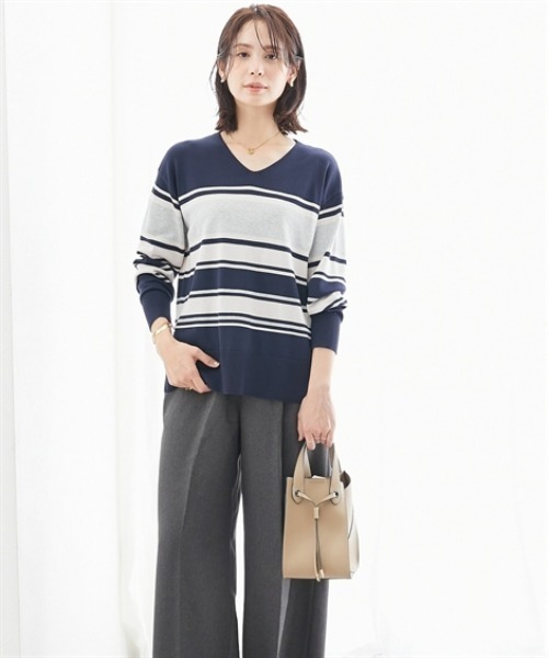 7days Life Styling(セブンデイズライフスタイリング)の「【UVカット】マルチボーダーVネックニット (洗濯機OK)(ニット/セーター・レディース・ネイビー系/ベージュ系・3L/LL/L/M/S)」の3枚目の写真