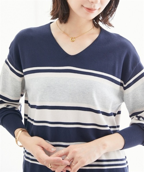 7days Life Styling(セブンデイズライフスタイリング)の「【UVカット】マルチボーダーVネックニット (洗濯機OK)(ニット/セーター・レディース・ネイビー系/ベージュ系・3L/LL/L/M/S)」の7枚目の写真