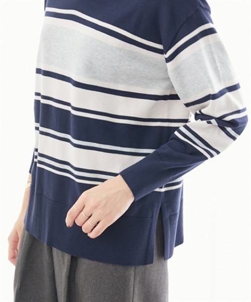 7days Life Styling(セブンデイズライフスタイリング)の「【UVカット】マルチボーダーVネックニット (洗濯機OK)(ニット/セーター・レディース・ネイビー系/ベージュ系・3L/LL/L/M/S)」の8枚目の写真