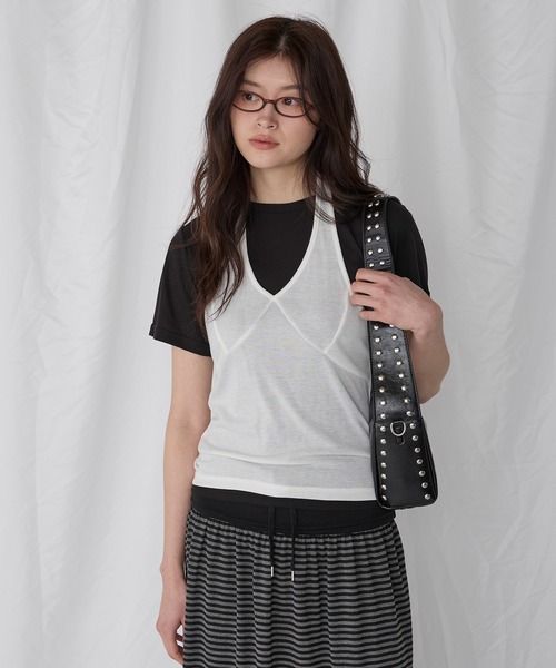 Unblend（アンブレンド）の「【Unblend】2セット レイヤード シアー ホルターネックタンクトップ/シアー半袖Tシャツ（Tシャツ/カットソー・レディース・チャコール/杢グレー/オフホワイト/ブラック/ライトブルー・FREE）」の2枚目の写真