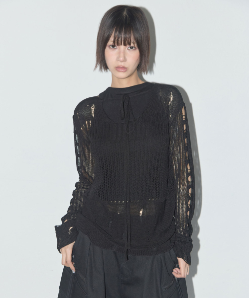 FANCY CLUB(ファンシークラブ)の「ツーウェイダメージニットロングスリーブ (ブラック) F25QB089(ニット/セーター・レディース・ブラック・FREE)」の1枚目の写真
