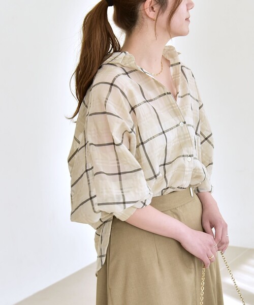 quaranciel(カランシエル)の「quaranciel:〈手洗い可能〉シアー チェック ドルマン ビッグ レギュラー シャツ(シャツ/ブラウス・レディース・パープル/ベージュ・ONE SIZE)」の22枚目の写真