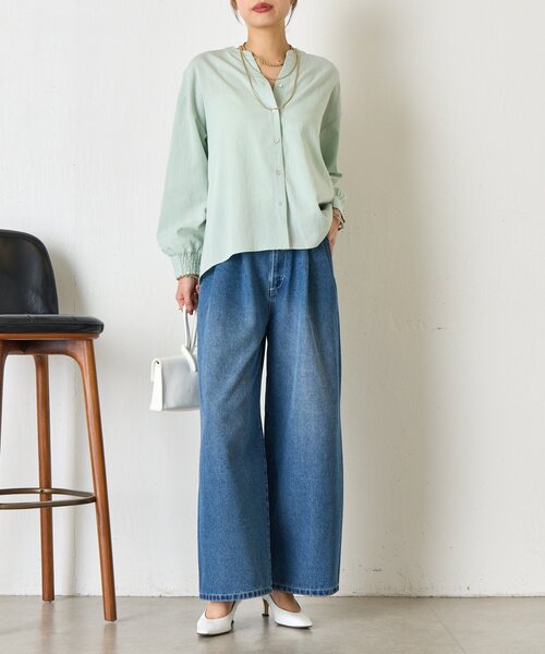 Jena espace merveilleux（ジェナ　エスパスメルヴェイユ）の「【抜け感つくるスキッパー】スリット配色スキッパーシャツ（シャツ/ブラウス・レディース・オフホワイト/ネイビー/グリーン・FREE）」の15枚目の写真