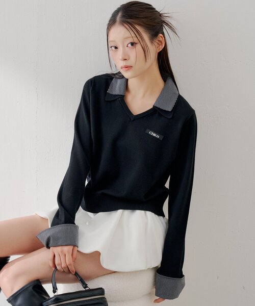 Chico(チコ)の「シャツレイヤードVネックニット(ニット/セーター・レディース・ブラック/グレー/アイボリー/ピンク・FREE)」の1枚目の写真