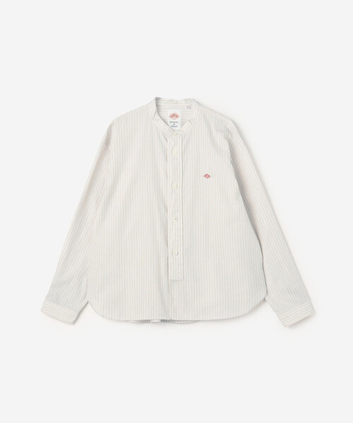 DANTON コットン ドビーストライプ ギャザー シャツ 白 バンドカラー DANTON | コットンポプリン 長袖バンドカラーシャツ STRIPE WOMEN