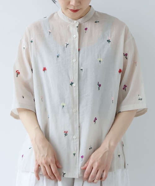 Cotton/Nylon sheer floral刺繍half sleeves シャツ（シャツ/ブラウス
