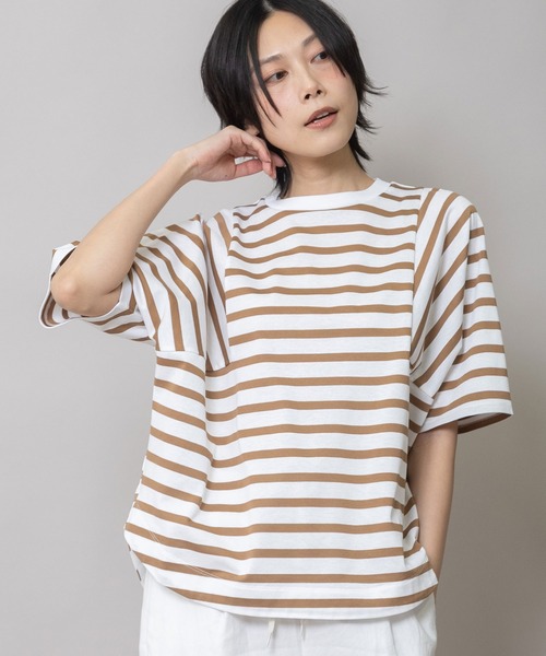 Munich(ミューニック)の「コットンバスクボーダーワイドプルオーバー(Tシャツ/カットソー・レディース・キャメル/ブラック・FREE)」の1枚目の写真