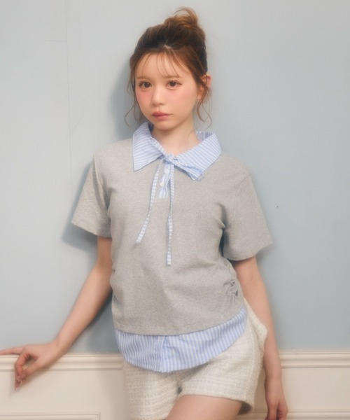 TITTY&CO.(ティティーアンドコー)の「ストライプリボンレイヤードトップス(シャツ/ブラウス・レディース・グレー/ホワイト/ブラック/ネイビー・FREE)」の15枚目の写真