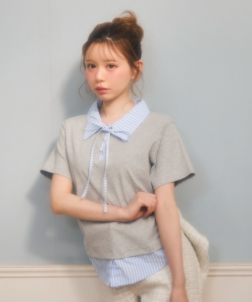 TITTY&CO.(ティティーアンドコー)の「ストライプリボンレイヤードトップス(シャツ/ブラウス・レディース・グレー/ホワイト/ブラック/ネイビー・FREE)」の19枚目の写真