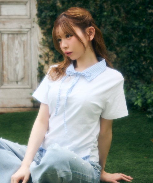 TITTY&CO.(ティティーアンドコー)の「ストライプリボンレイヤードトップス(シャツ/ブラウス・レディース・グレー/ホワイト/ブラック/ネイビー・FREE)」の5枚目の写真
