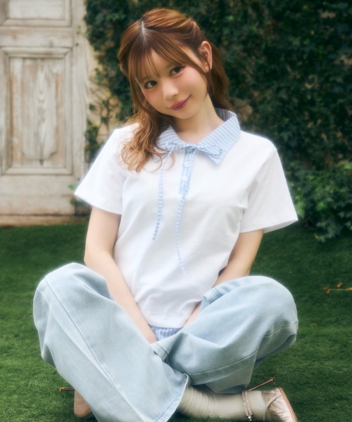 TITTY&CO.(ティティーアンドコー)の「ストライプリボンレイヤードトップス(シャツ/ブラウス・レディース・グレー/ホワイト/ブラック/ネイビー・FREE)」の6枚目の写真