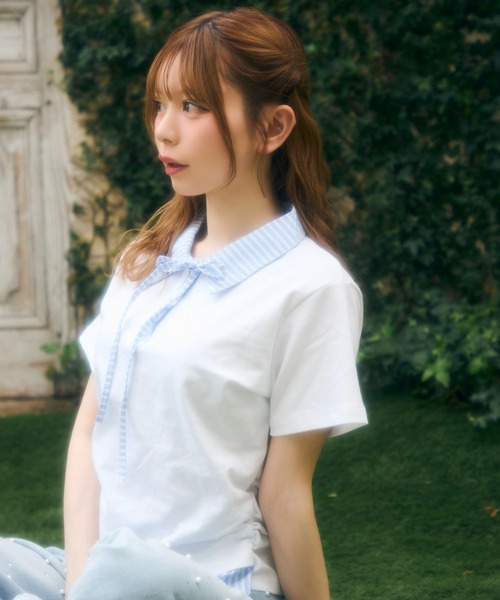 TITTY&CO.(ティティーアンドコー)の「ストライプリボンレイヤードトップス(シャツ/ブラウス・レディース・グレー/ホワイト/ブラック/ネイビー・FREE)」の7枚目の写真