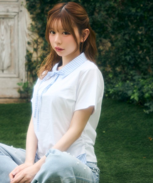 TITTY&CO.(ティティーアンドコー)の「ストライプリボンレイヤードトップス(シャツ/ブラウス・レディース・グレー/ホワイト/ブラック/ネイビー・FREE)」の8枚目の写真