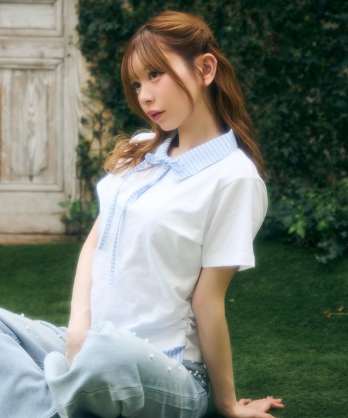 TITTY&CO.(ティティーアンドコー)の「ストライプリボンレイヤードトップス(シャツ/ブラウス・レディース・グレー/ホワイト/ブラック/ネイビー・FREE)」の10枚目の写真
