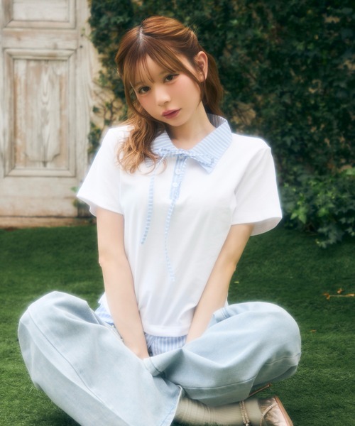 TITTY&CO.(ティティーアンドコー)の「ストライプリボンレイヤードトップス(シャツ/ブラウス・レディース・グレー/ホワイト/ブラック/ネイビー・FREE)」の12枚目の写真